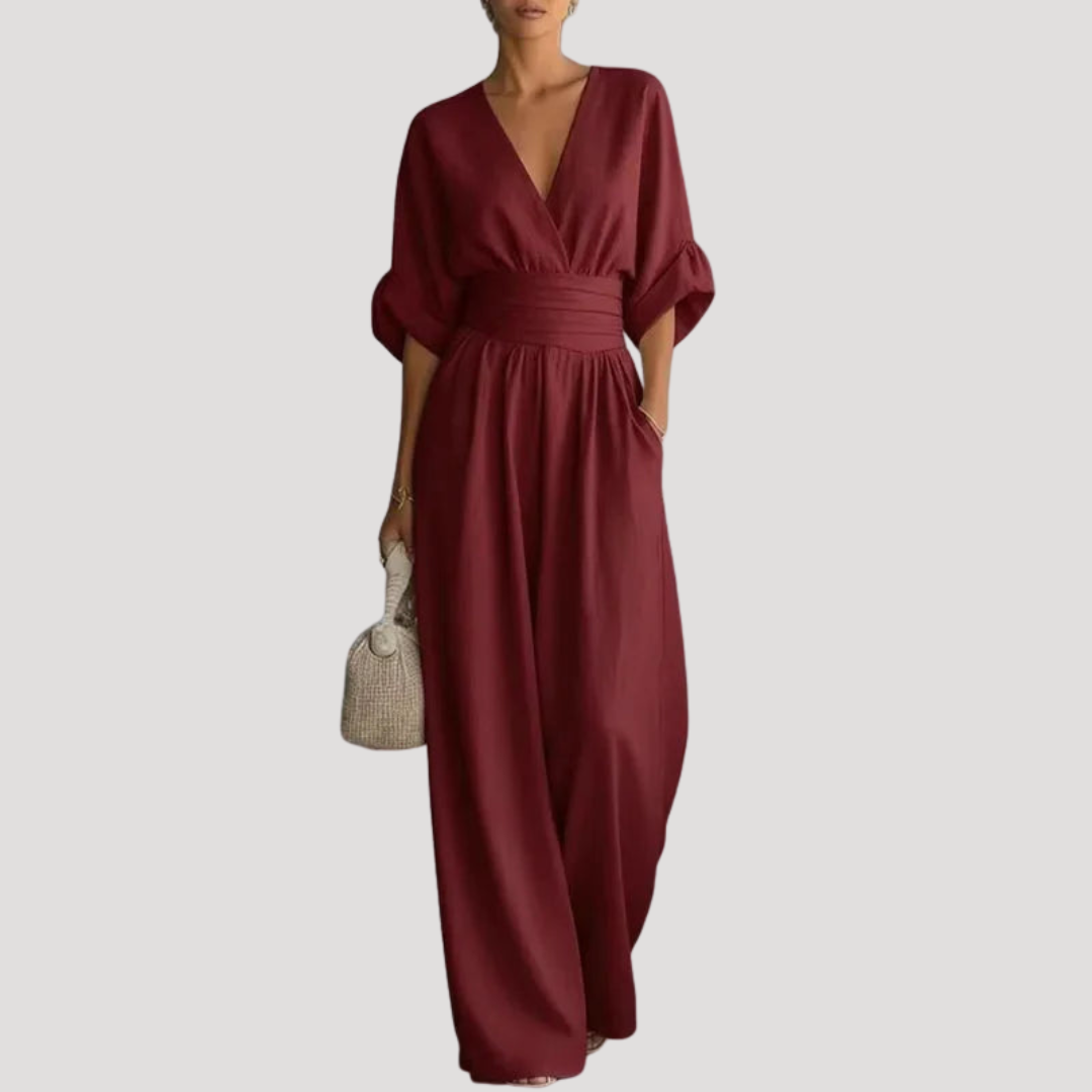 Thessaly | Women's V-Neck Wide Leg Jumpsuit - Burgundy - Image 1