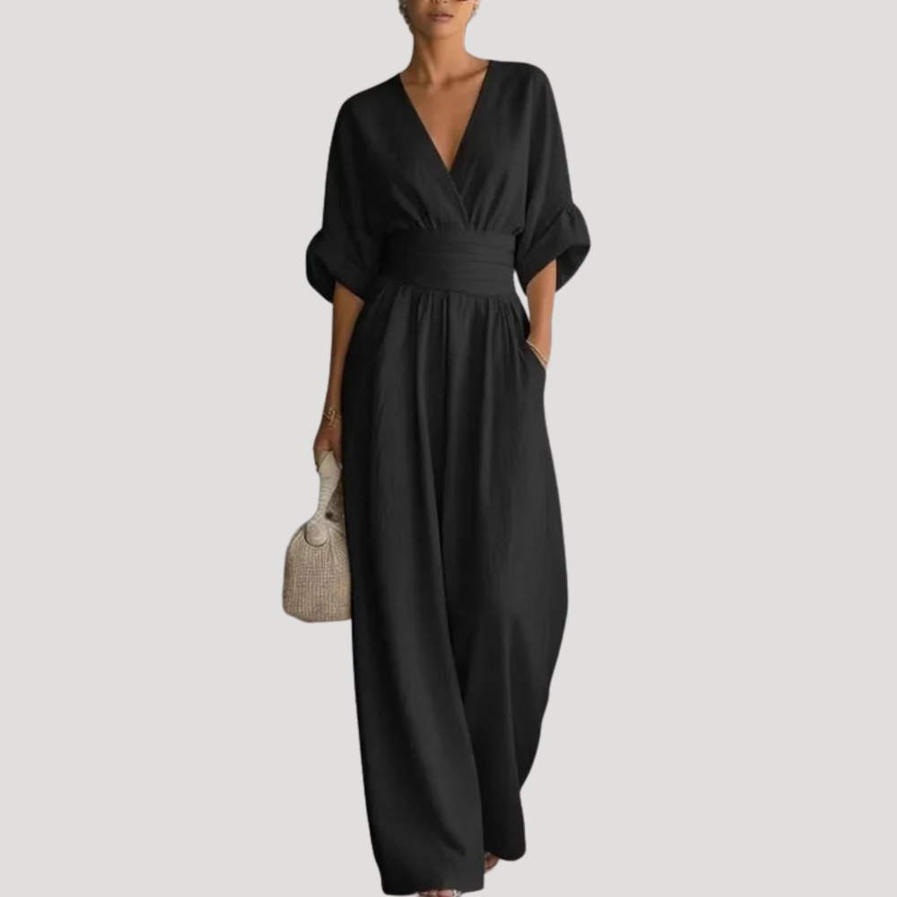 Thessaly | Women's V-Neck Wide Leg Jumpsuit - Burgundy - Image 2