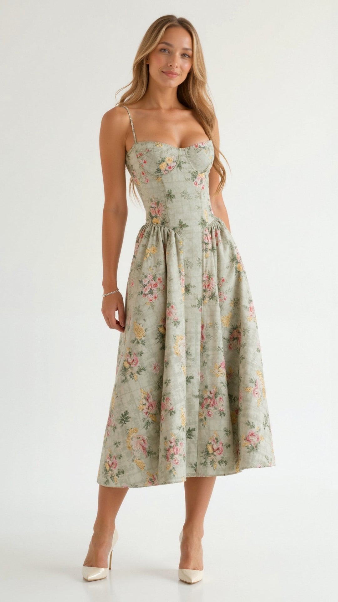 Thessamine | Women's Floral Sweetheart Corset Midi Dress - Floral - Image 1