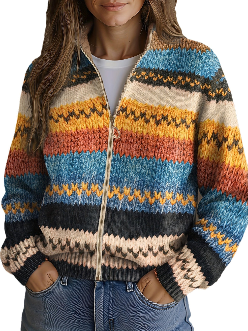 Thessan | Women's Striped Zip-Up Knit Cardigan - Image 2