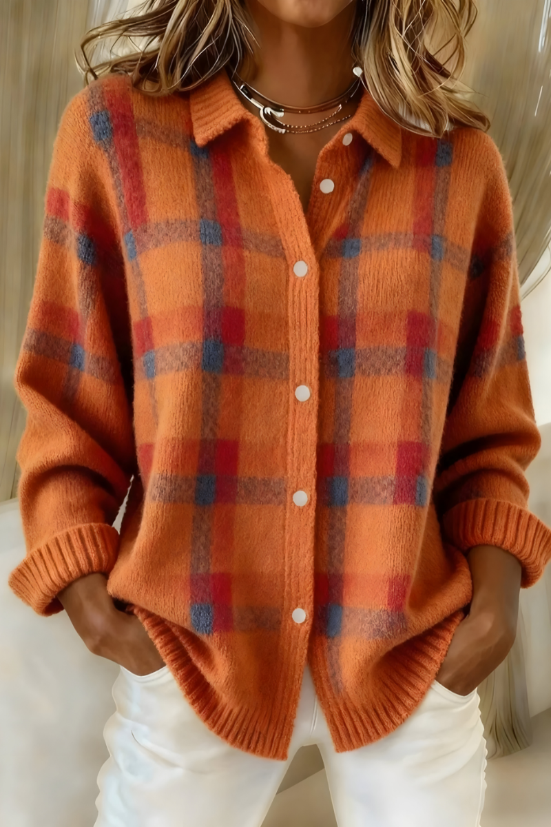 Thesswick | Women's Plaid Knit Cardigan - Orange - Image 1