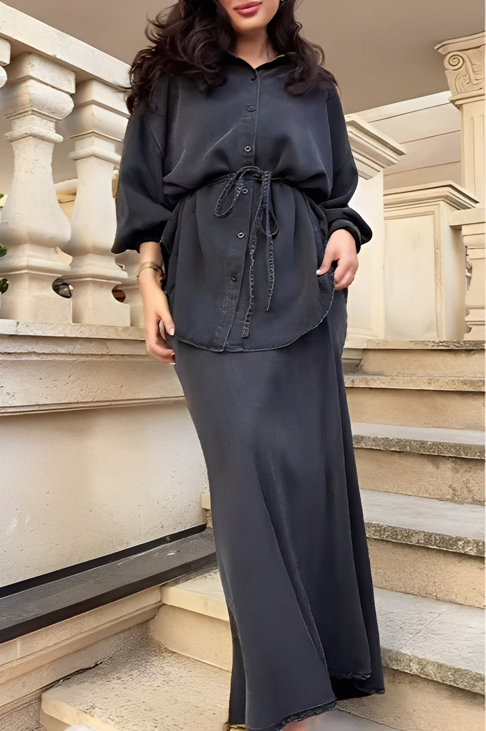 Thora | Women's Button Front Long Sleeve Shirt and Maxi Skirt Set - Image 1