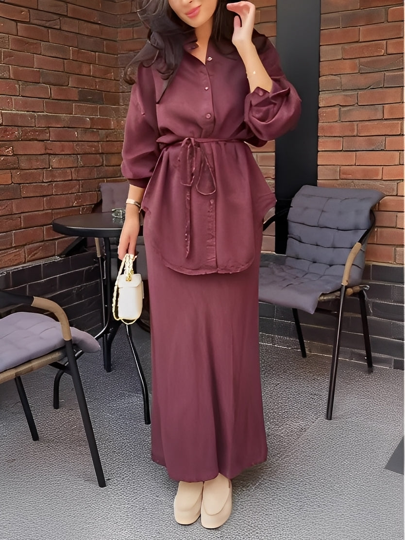 Thora | Women's Button Front Long Sleeve Shirt and Maxi Skirt Set - Image 2