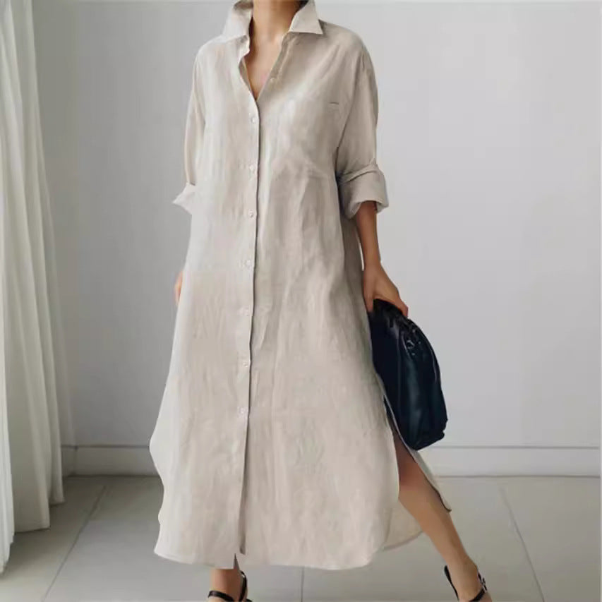 Tilda | Women's Collared Button-Down Midi Shirt Dress - Beige - Image 1
