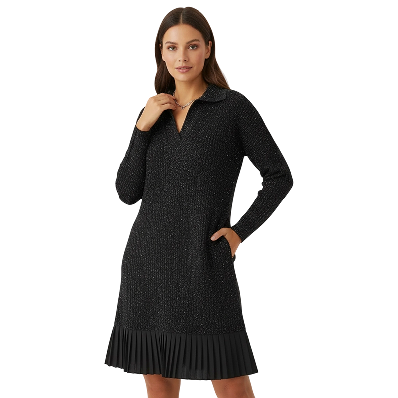 Tivella | Women's Knit Sweater Dress with Pleated Hem - Dark Green - Image 2