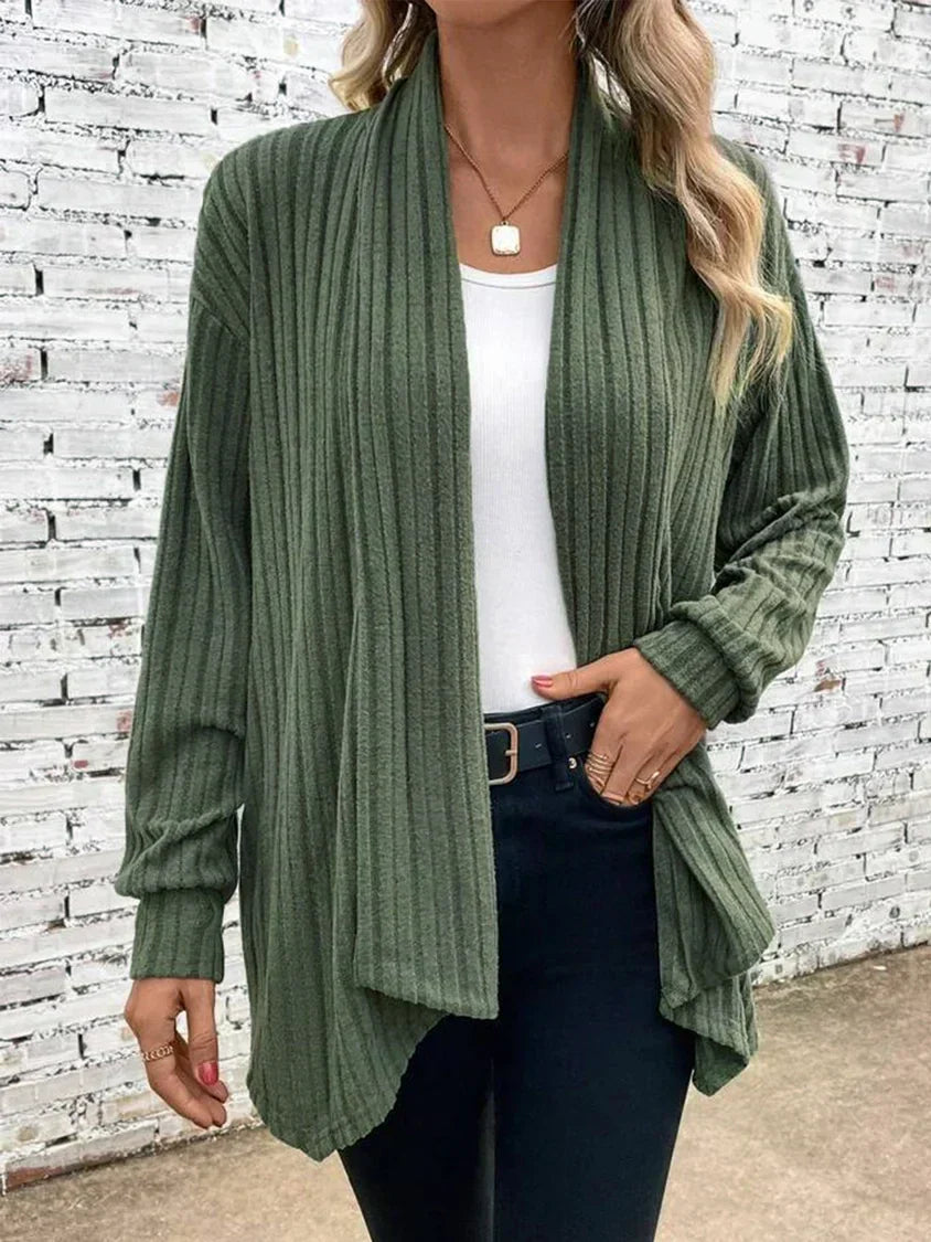 Tivorne | Women's Ribbed Knit Open-Front Cardigan - Olive Green - Image 1
