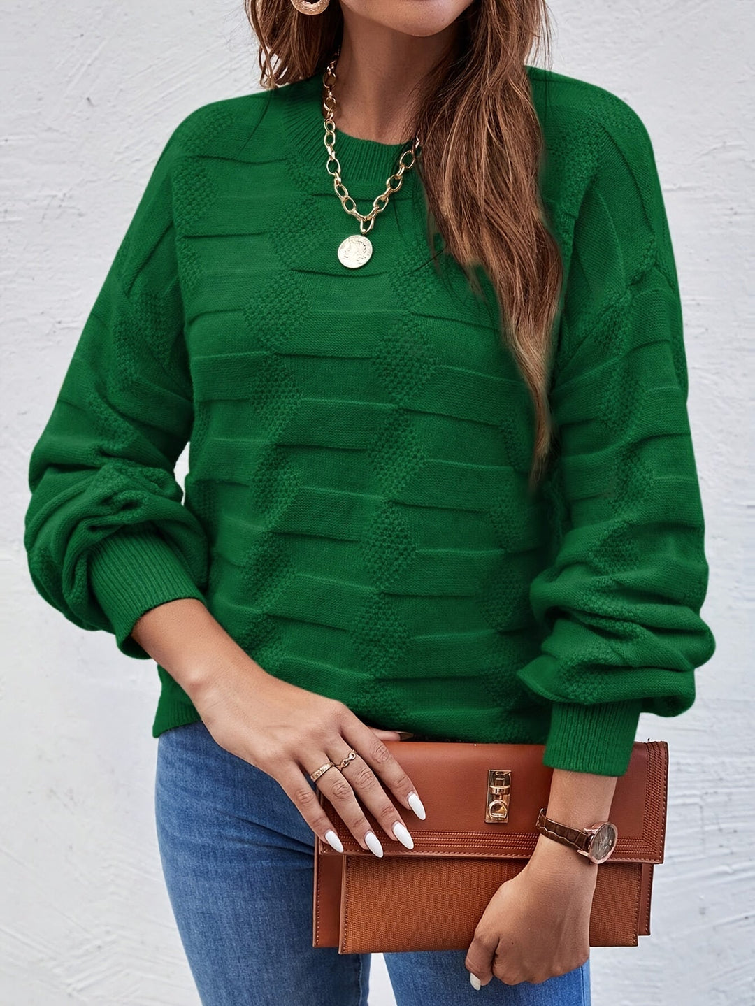 Tolvaine | Women's Knit Sweater Textured Balloon Sleeve - Green - Image 1