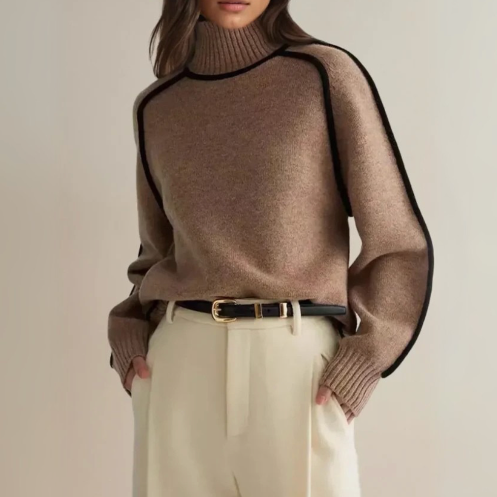 Valdis | Women's Turtleneck Sweater with Contrast Trim - Taupe - Image 1