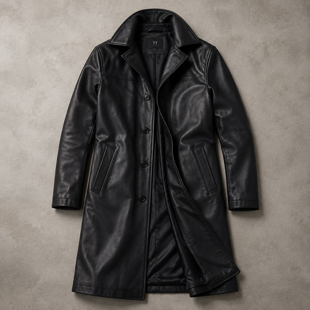 Valdron | Men's Winter Coat Long Leather Trench - Image 1