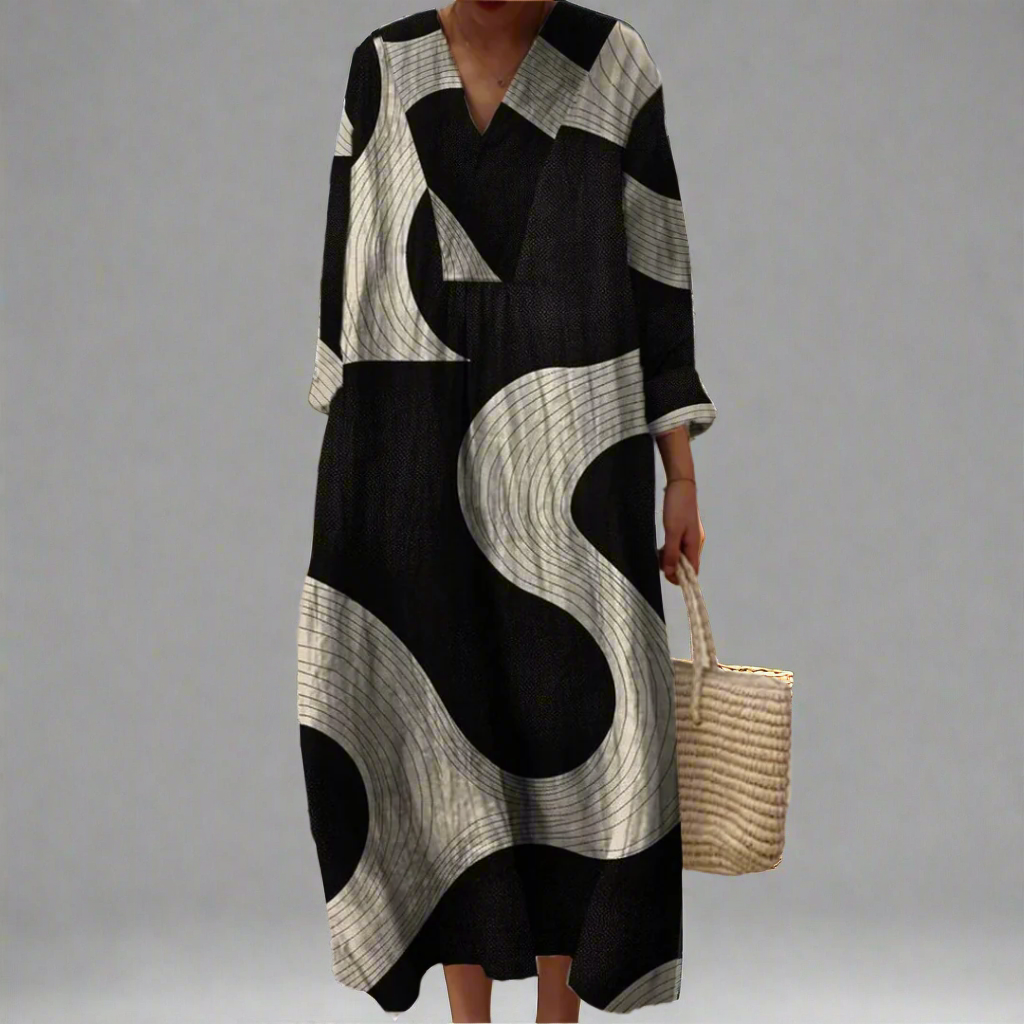 Valencia | Women's V-Neck Geometric Print Midi Dress - Image 1