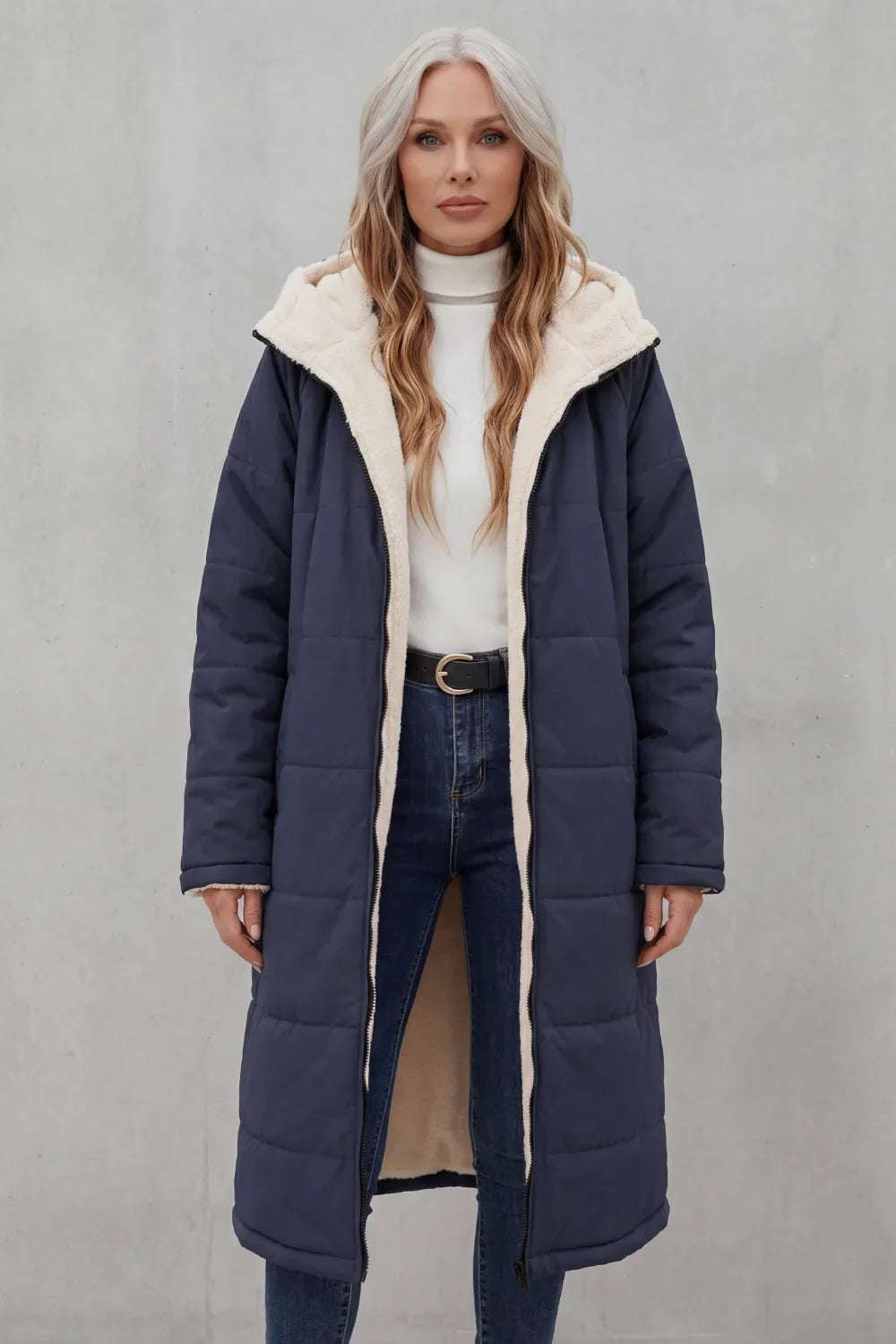 Vanthry | Women's Winter Coat Long Sherpa-Lined Puffer - Navy - Image 2