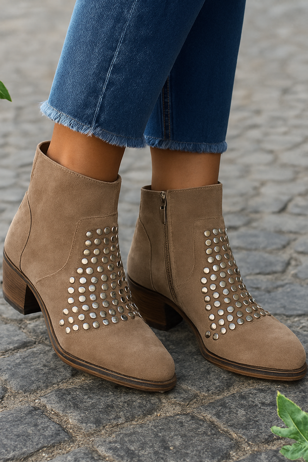 Vashara | Women's Studded Ankle Boots with Block Heel - Taupe - Image 2