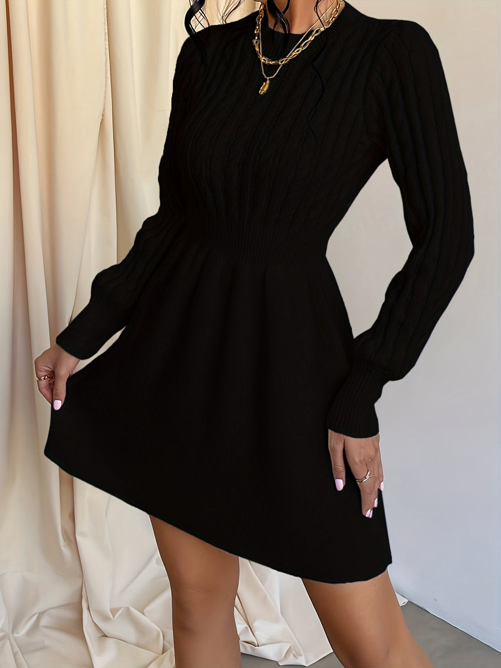 Velda | Women's Cable Knit Sweater Dress Mini A-Line - Cream - Image 2