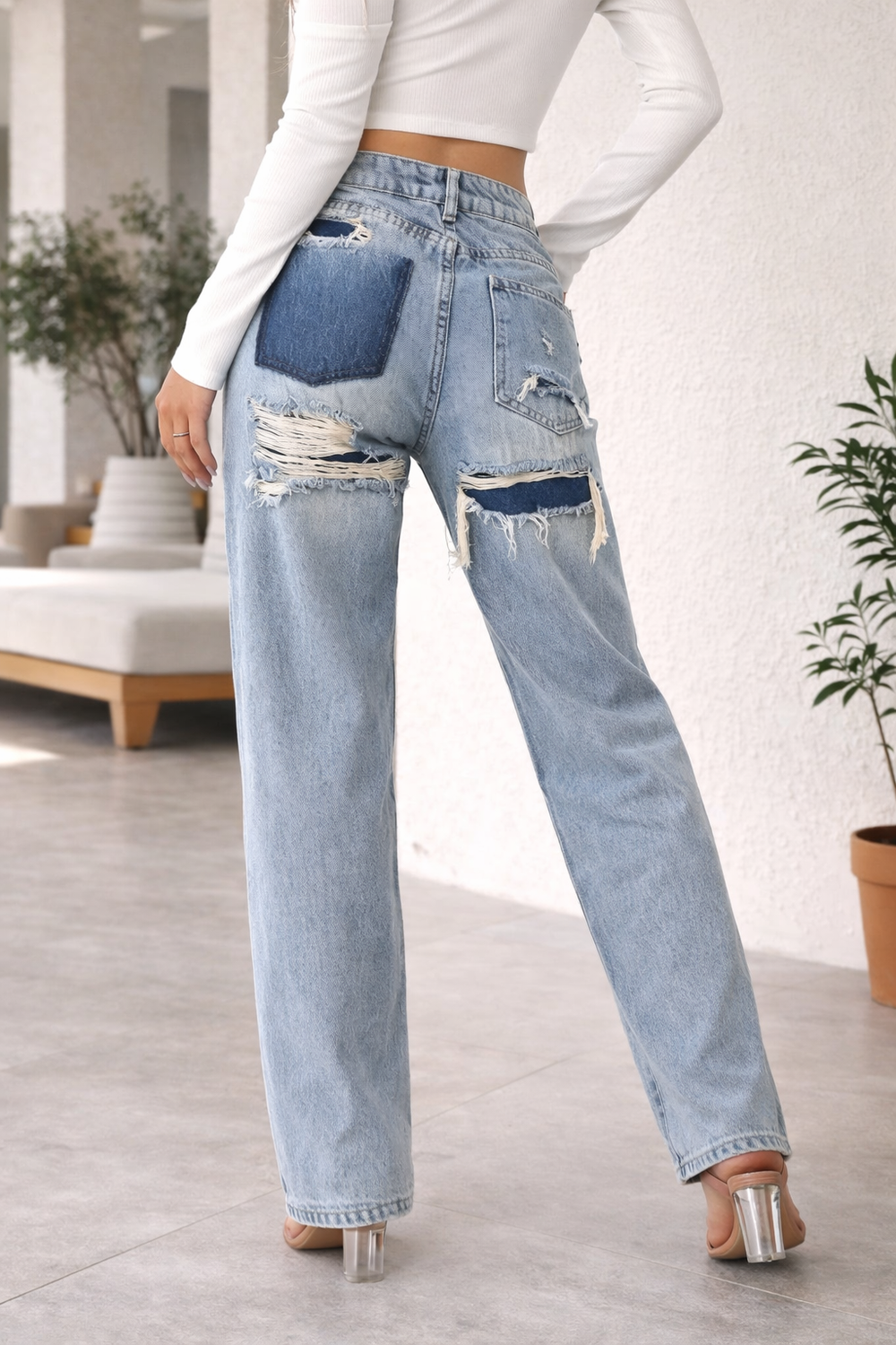 Veldara | Women's Baggy Jeans Wide Leg Distressed - Light Blue - Image 2