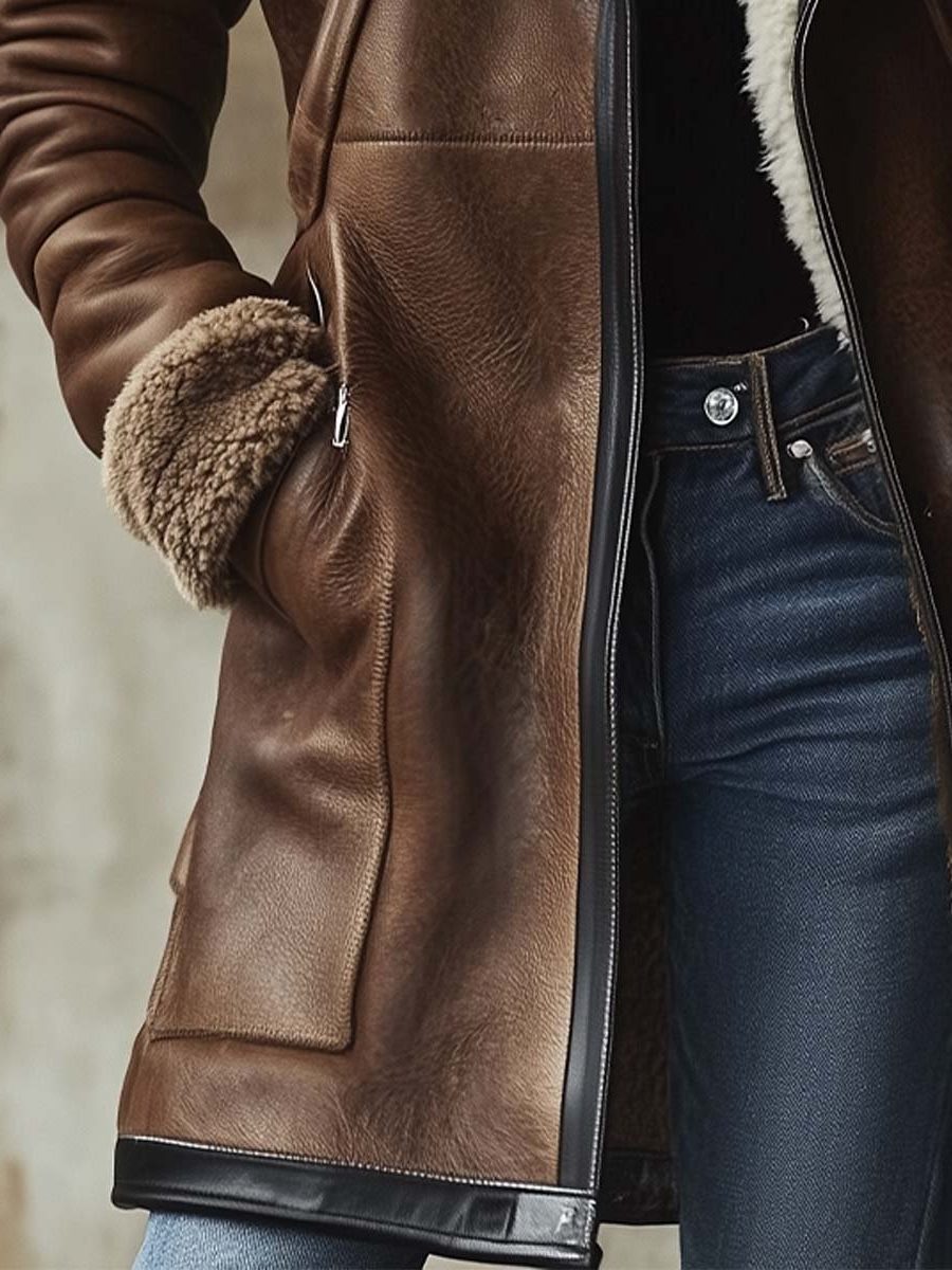Veldris | Women's Shearling-Lined Leather Winter Coat - Brown - Image 1
