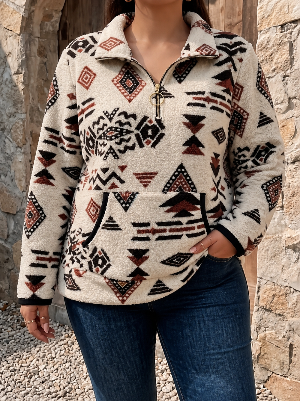Veldwyn | Women's Aztec Sherpa Half-Zip Pullover - Cream - Image 2