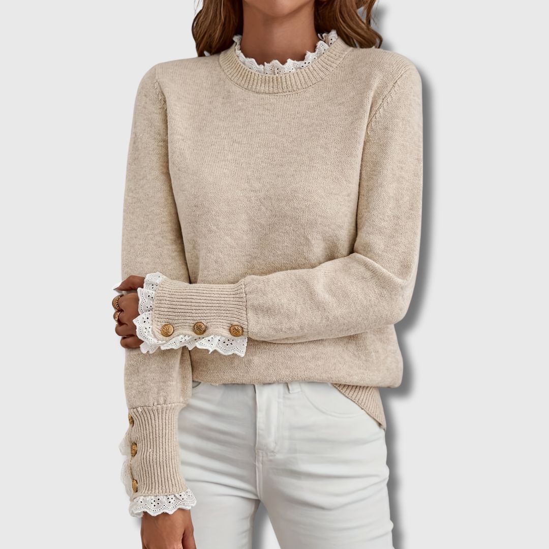 Vellara | Women's Lace Trim Knit Sweater - Beige - Image 1
