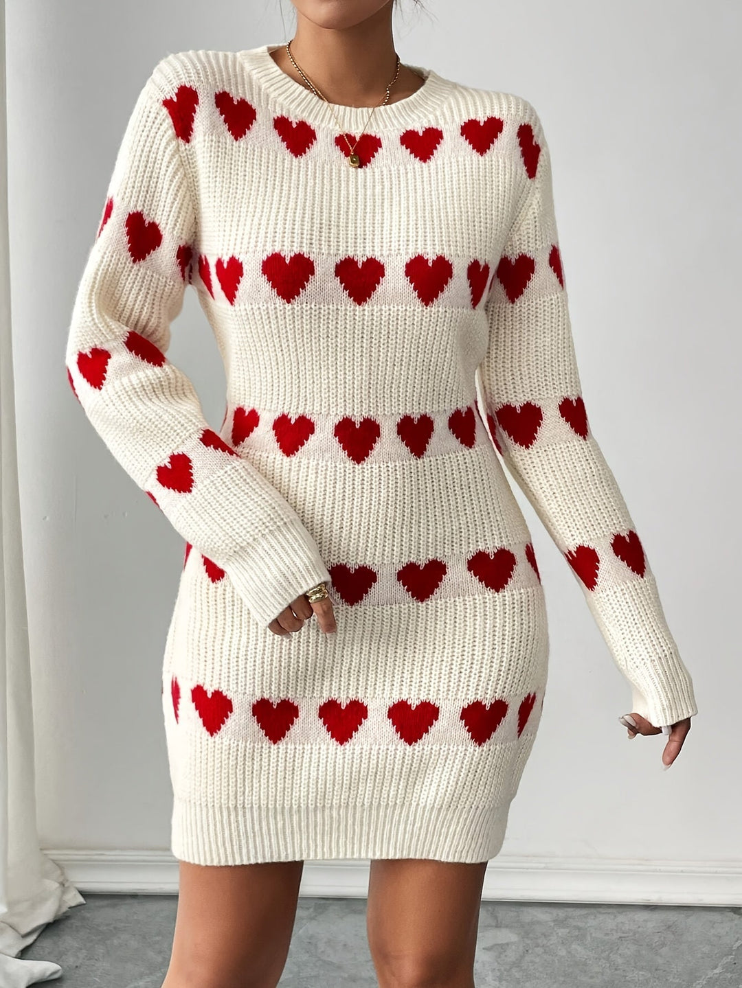 Velmira | Women's Heart Print Knit Sweater Dress - Cream - Image 1