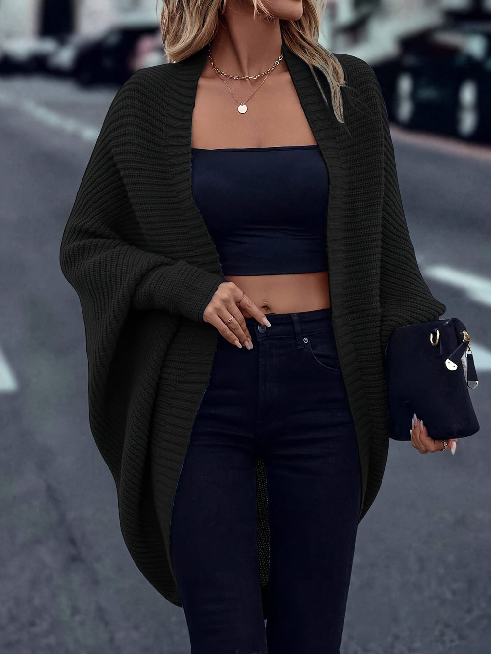 Velmonde | Women's Oversized Open-Front Cardigan - Dark Green - Image 2