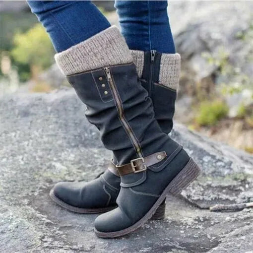 Velmora | Women's Knee-High Boots with Knit Cuff - Black - Image 1