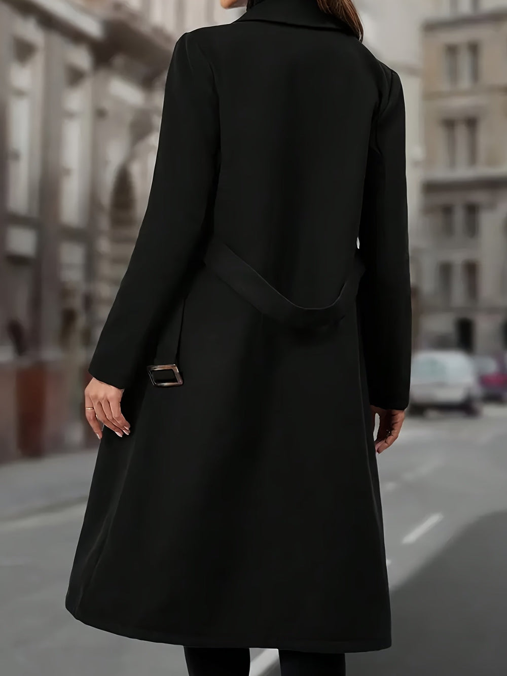 Velvara | Women's Double-Breasted Long Winter Coat - Black - Image 2