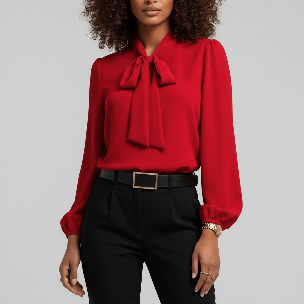 Verity | Women's Tie Neck Long Sleeve Blouse - Red - Image 1