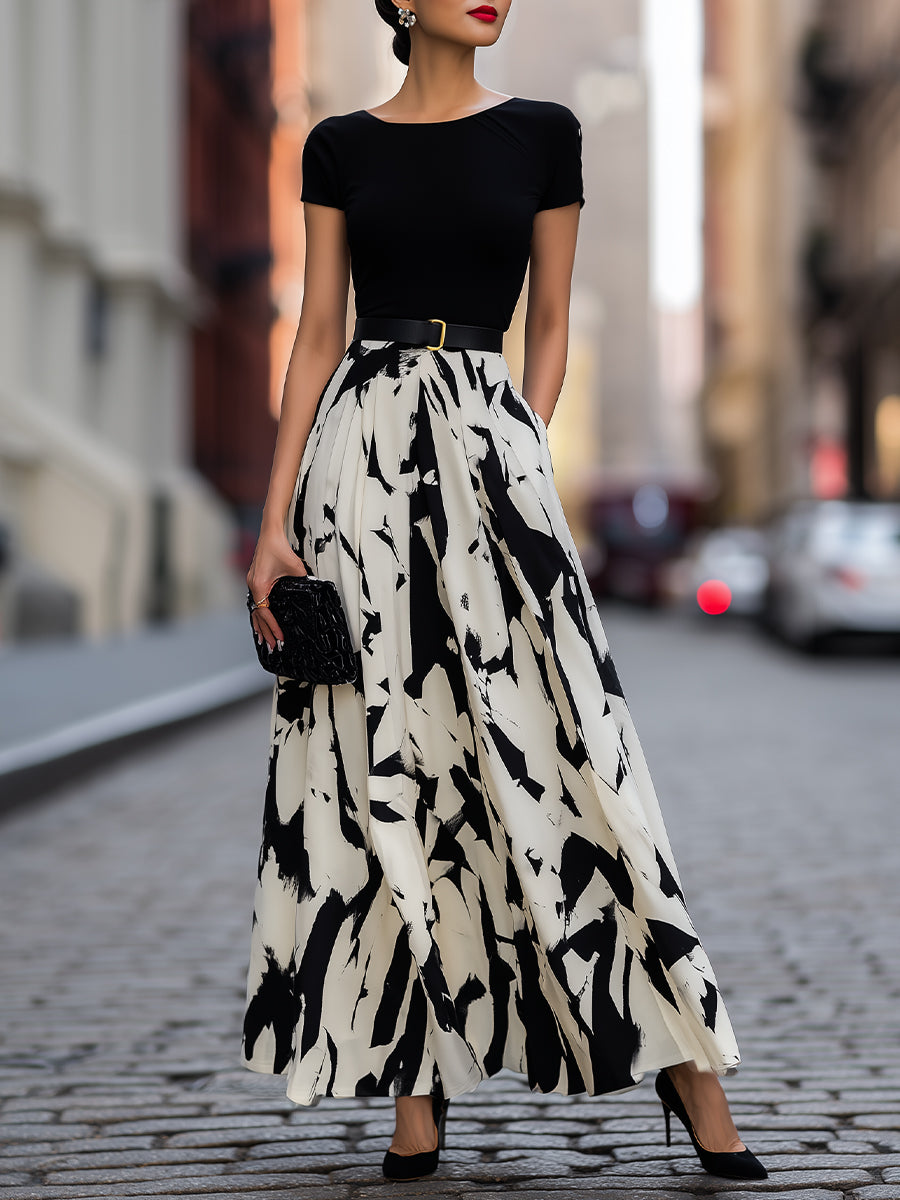 Vernelle | Women's Short Sleeve Abstract Print Maxi Dress - Black - Image 1