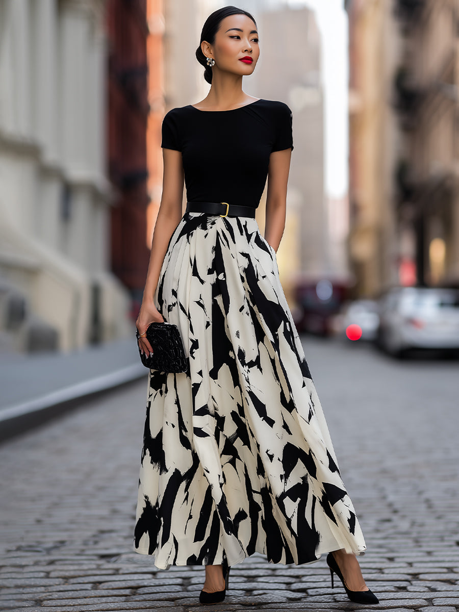Vernelle | Women's Short Sleeve Abstract Print Maxi Dress - Black - Image 2
