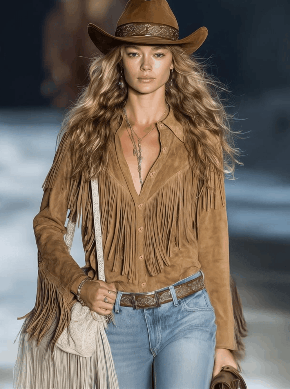 Vesper | Women's Fringe Long Sleeve Western Shirt - Camel - Image 2
