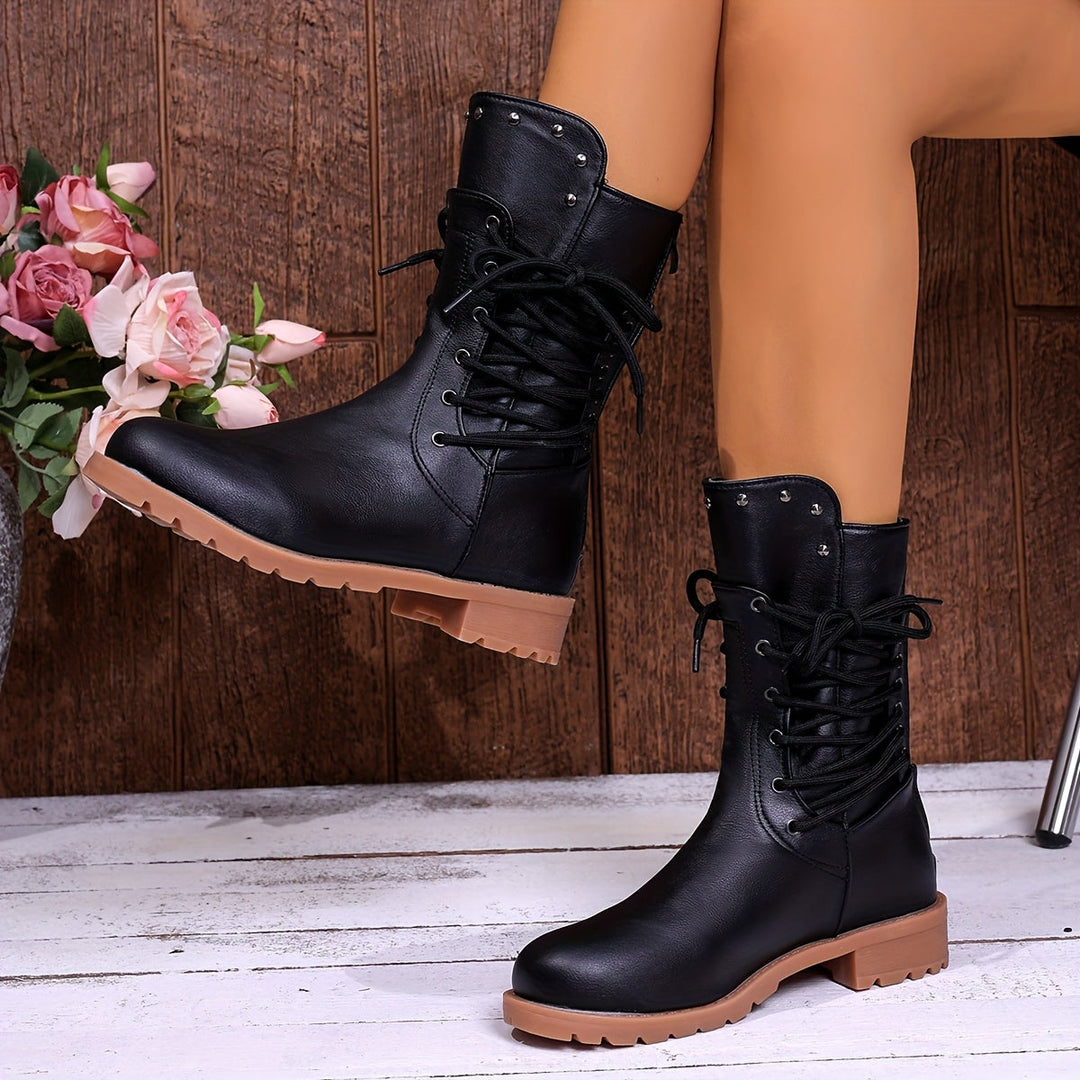 Vesper | Women's Lace-Up Mid-Calf Combat Boot - Black - Image 1
