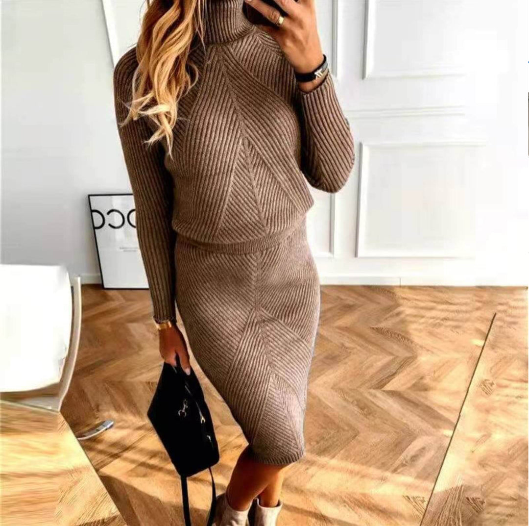 Vespera | Women's Knit Sweater Dress Midi Length - Taupe - Image 1
