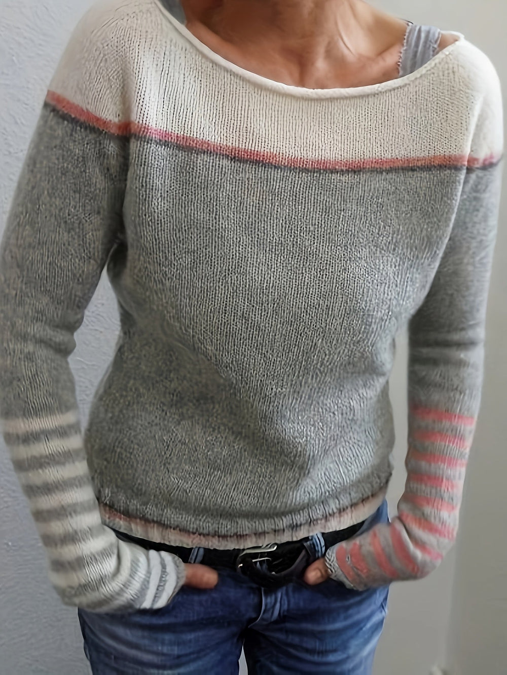 Vespine | Women's Striped Knit Sweater - Grey - Image 2