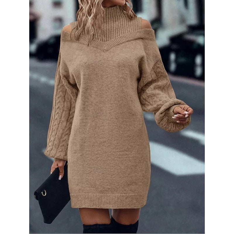 Vexara | Women's Cold-Shoulder Turtleneck Sweater Dress - Camel - Image 1