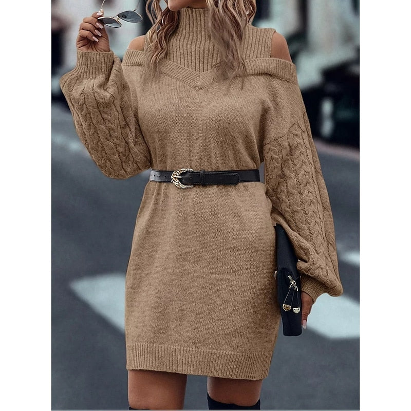 Vexara | Women's Cold-Shoulder Turtleneck Sweater Dress - Camel - Image 2
