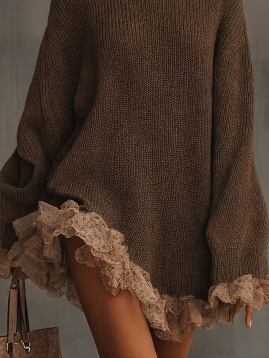 Vexlyn | Women's Oversized Turtleneck Sweater Dress - Brown - Image 2