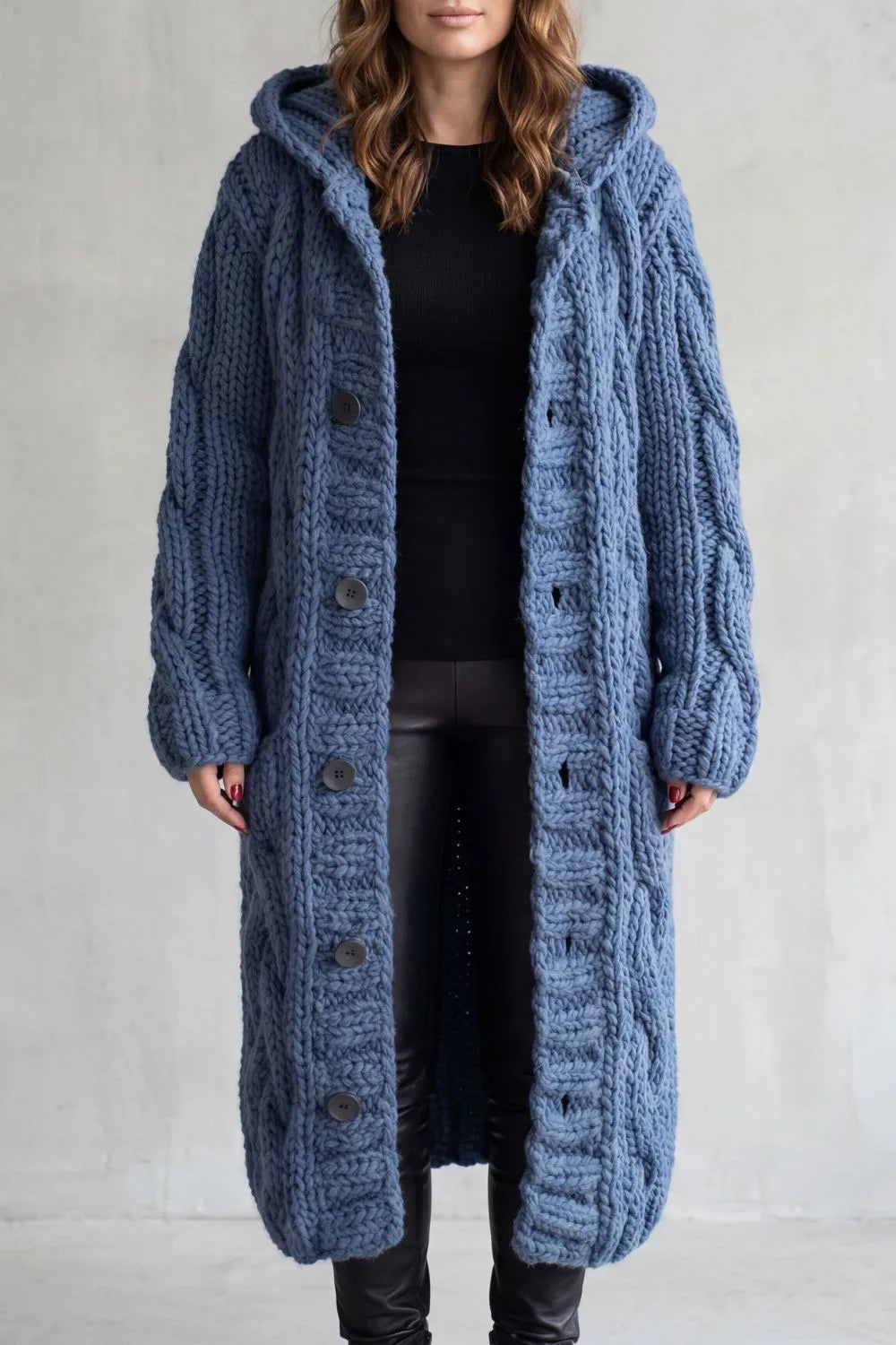 Vorrwyn | Women's Long Hooded Chunky Knit Cardigan - Blue - Image 1