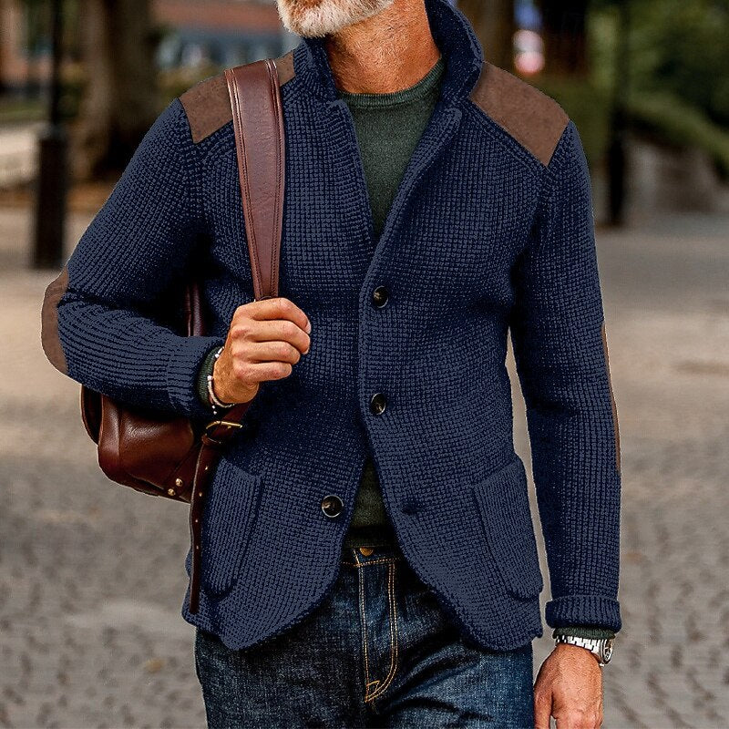Warwick | Men's Knit Cardigan with Elbow Patches - Navy - Image 1