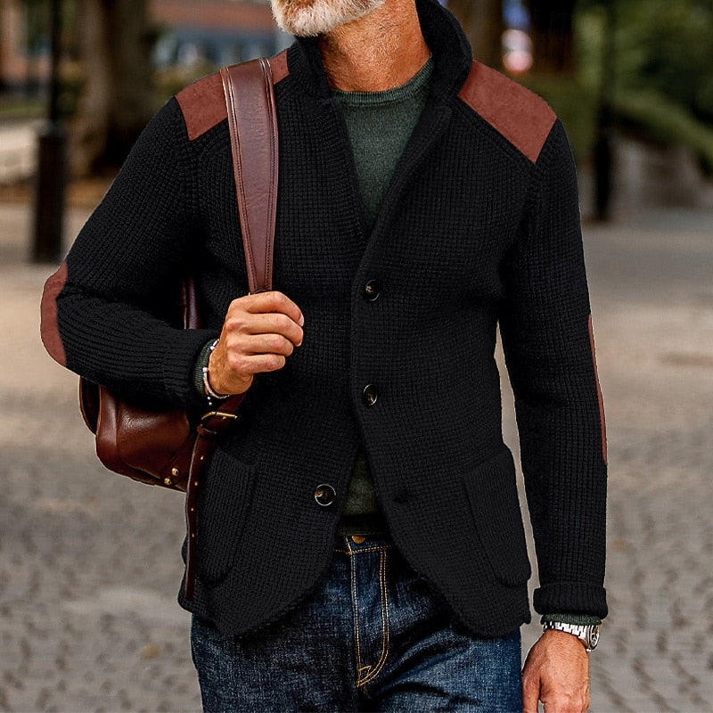 Warwick | Men's Knit Cardigan with Elbow Patches - Navy - Image 2