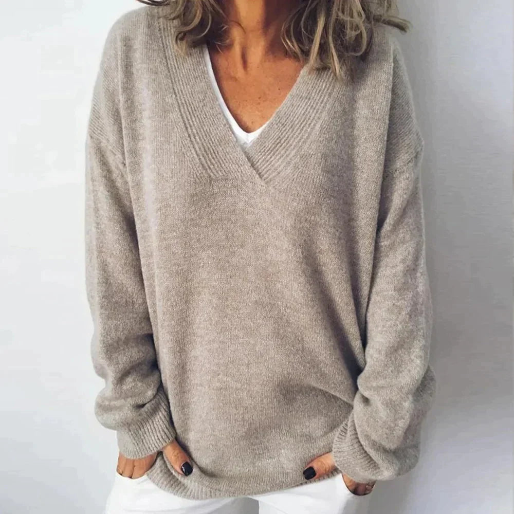 Winsara | Women's Relaxed V-Neck Knit Sweater - Taupe - Image 1