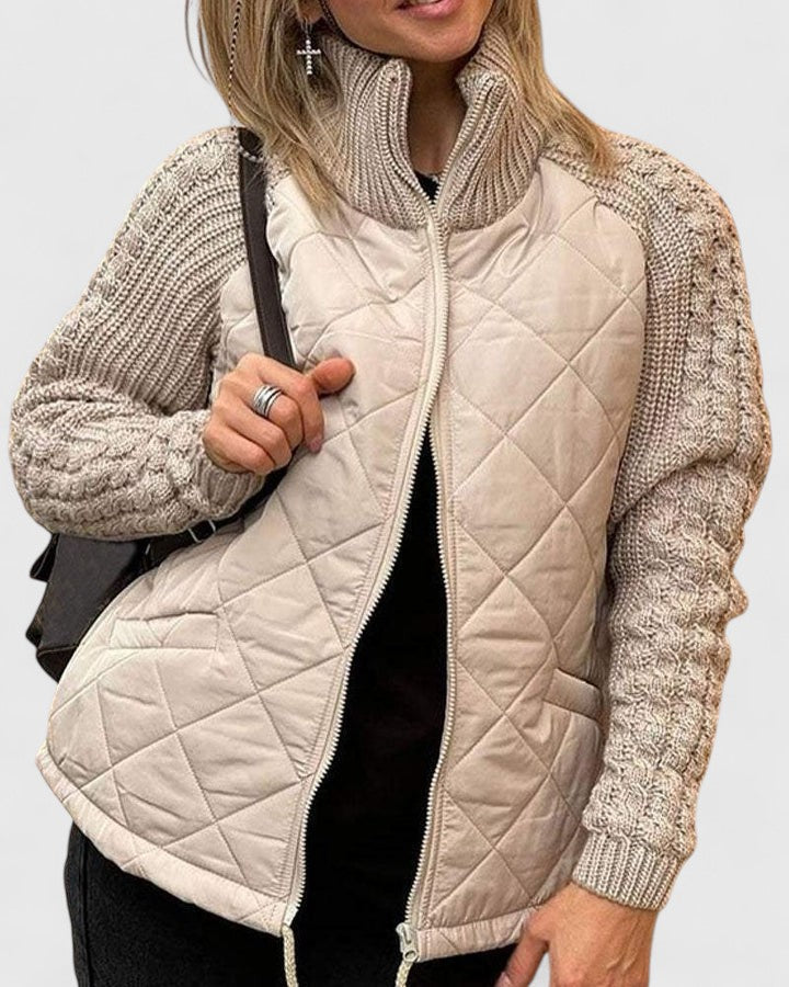 Wrenfa | Women's Quilted Jacket with Cable Knit Sleeves - Beige - Image 1