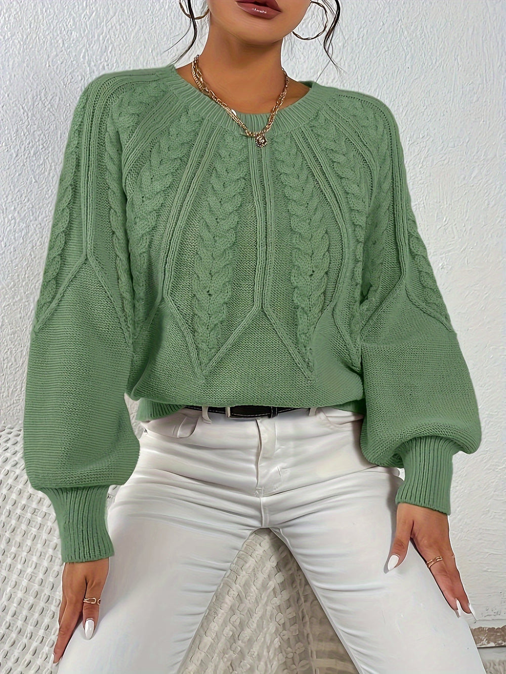 Wrenley | Women's Relaxed Fit Cable-Knit Sweater - Sage - Image 2