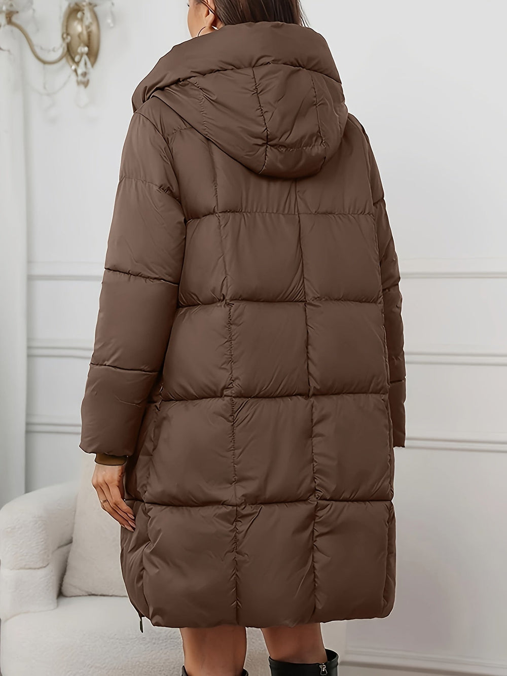 Wrenova | Women's Hooded Long Puffer Jacket - Brown - Image 2