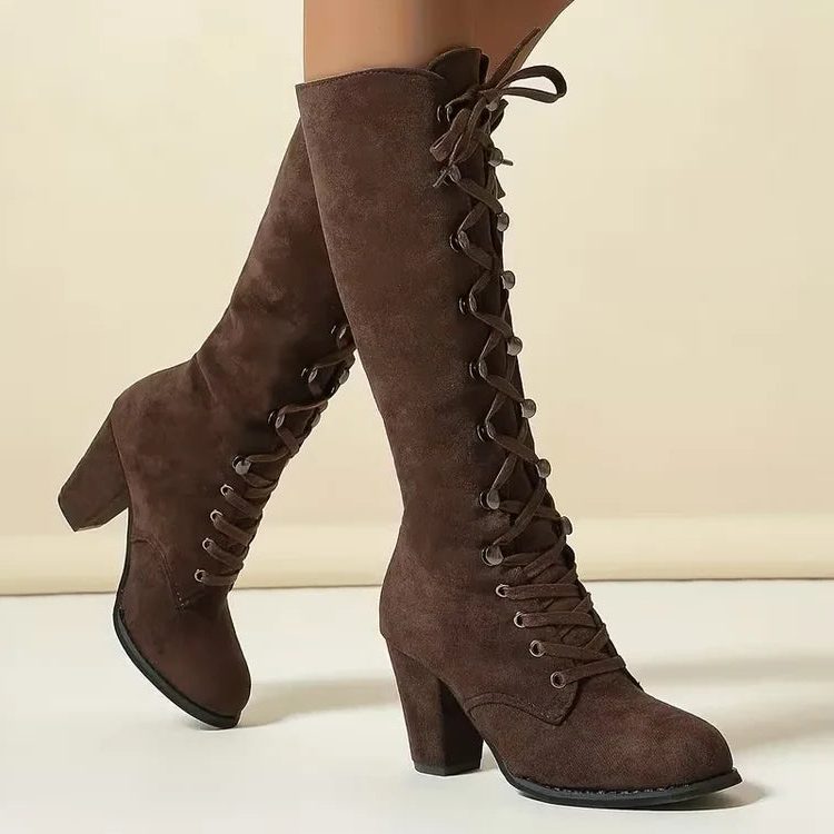 Wrenwick | Women's Lace-Up Knee High Boots - Dark Brown - Image 1