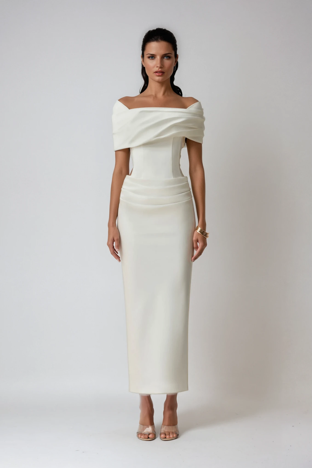 Ysabel | Women's Off-Shoulder Ruched Maxi Dress - Cream - Image 1