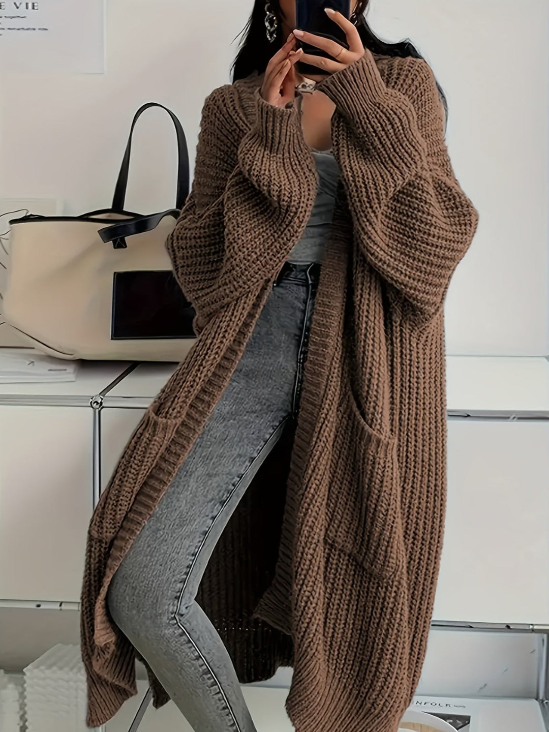 Ysabel | Women's Oversized Longline Cardigan - Brown - Image 1