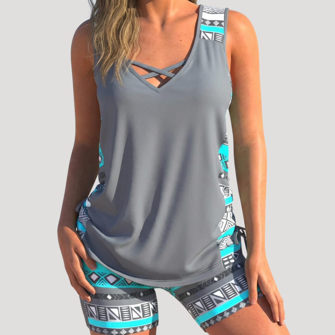 Zara | Women's Crisscross V-Neck Tankini Set with Shorts - Grey - Image 1