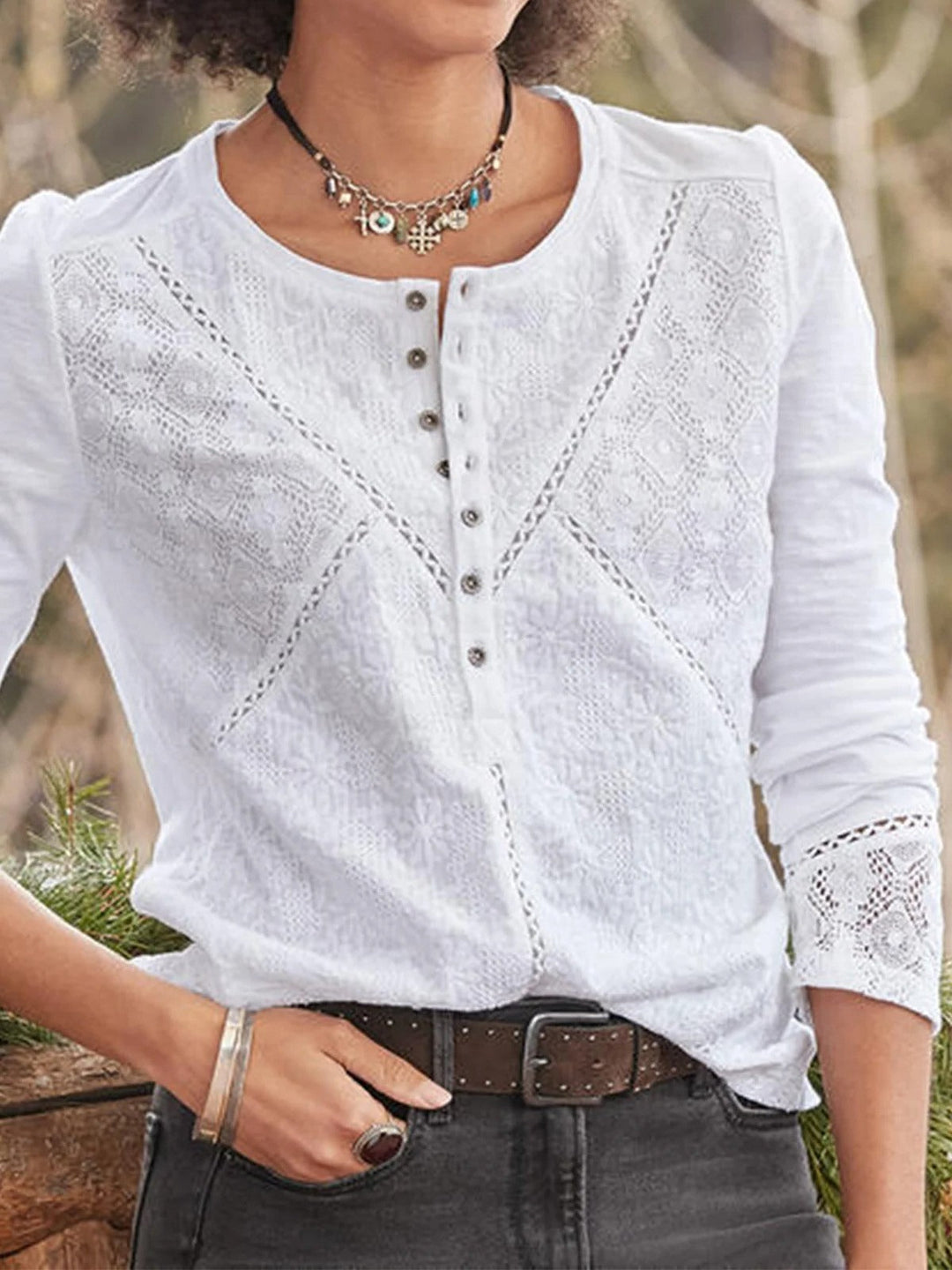 Zephyra | Women's Long Sleeve Henley Top with Lace Panels - White - Image 1