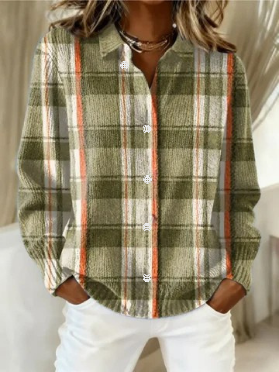 Zephyra | Women's Plaid Button Down Long Sleeve Blouse - Green - Image 1