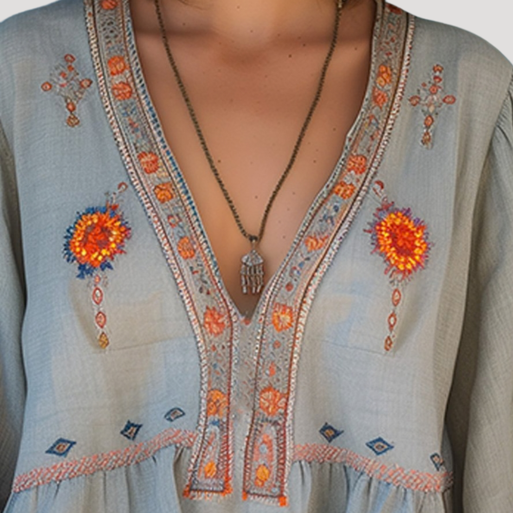 Zephyrine | Women's Boho Floral Embroidered V-Neck Blouse - Sage - Image 2
