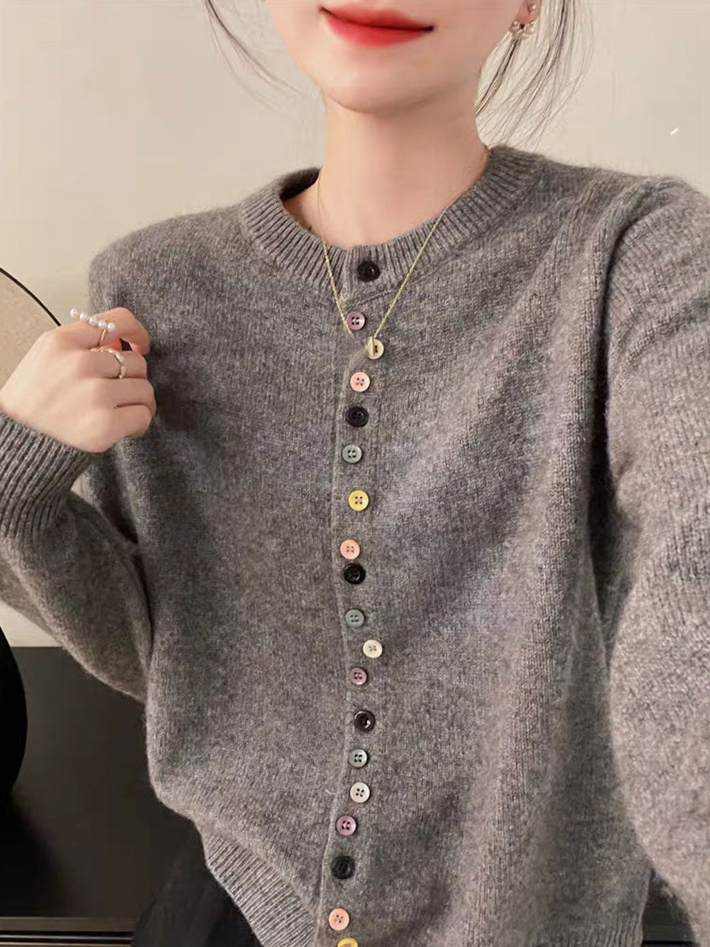 Zilvane | Women's Knit Sweater with Buttons - Grey - Image 2
